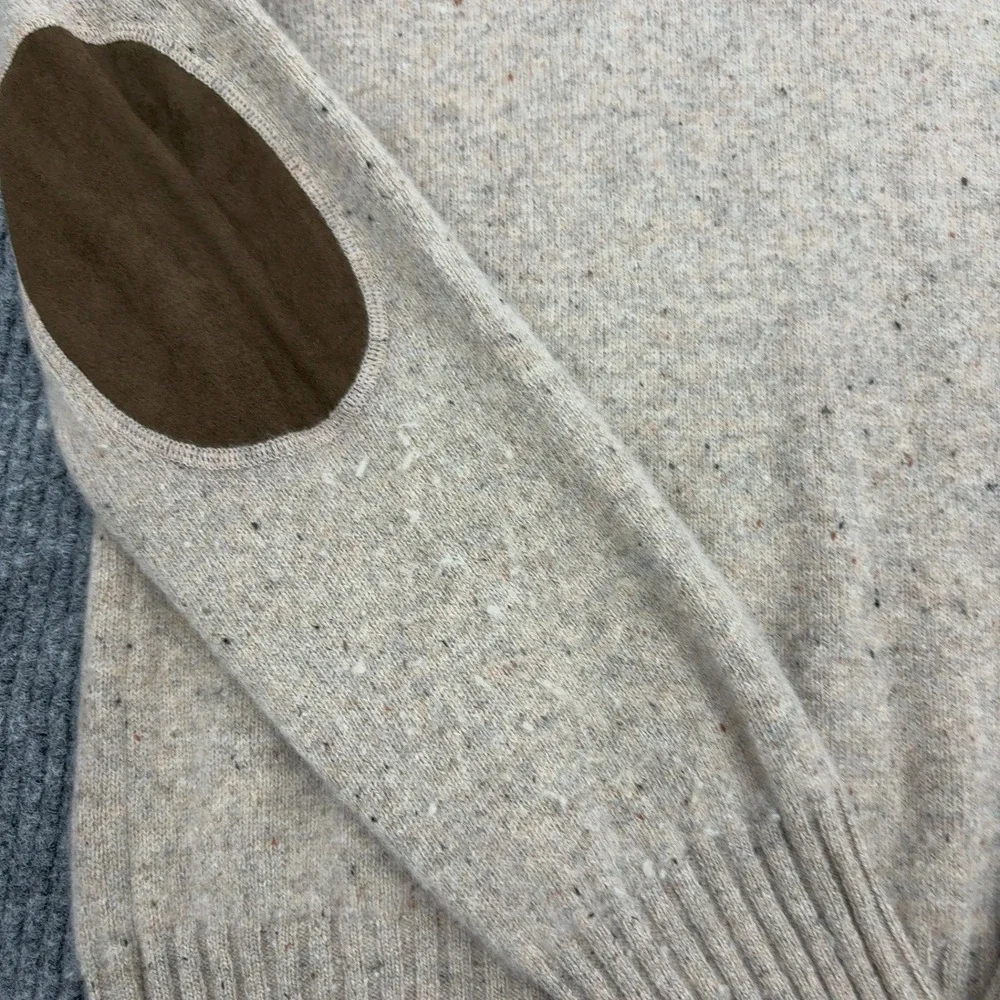 Williams & Kent Sweater Mens‎ L Beige 100% Merino Wool Quarter Zip Elbow Patches